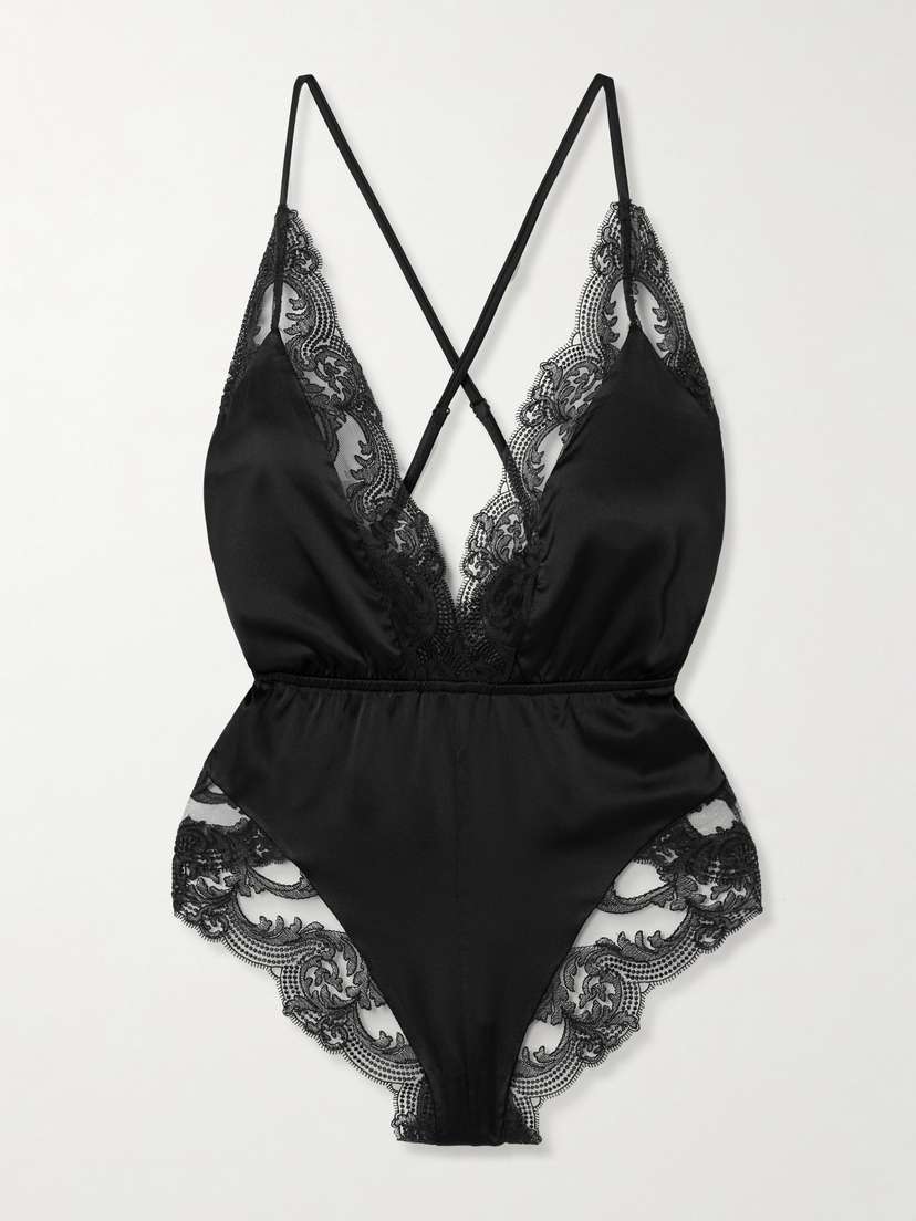 Kiki de Montparnasse Voltaire Scalloped Lace-trimmed Silk-blend Satin Playsuit