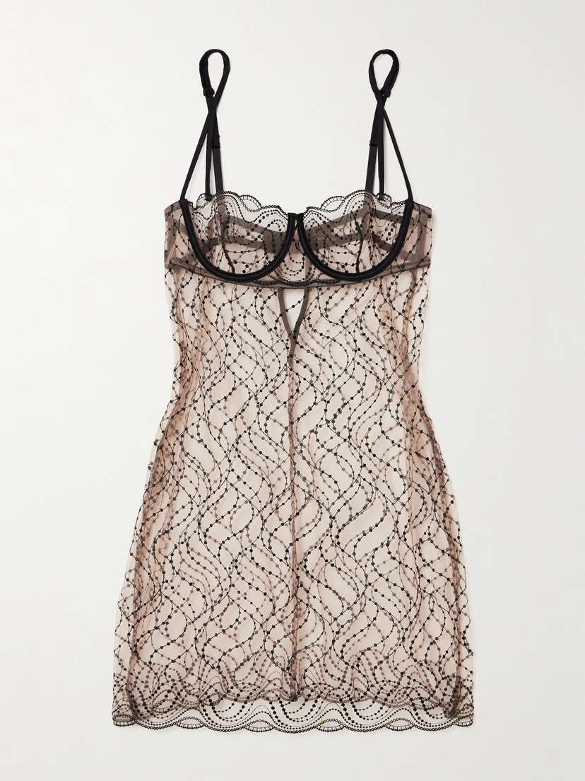 Kiki de Montparnasse Ondule Silk-blend Trimmed Embroidered Tulle Chemise