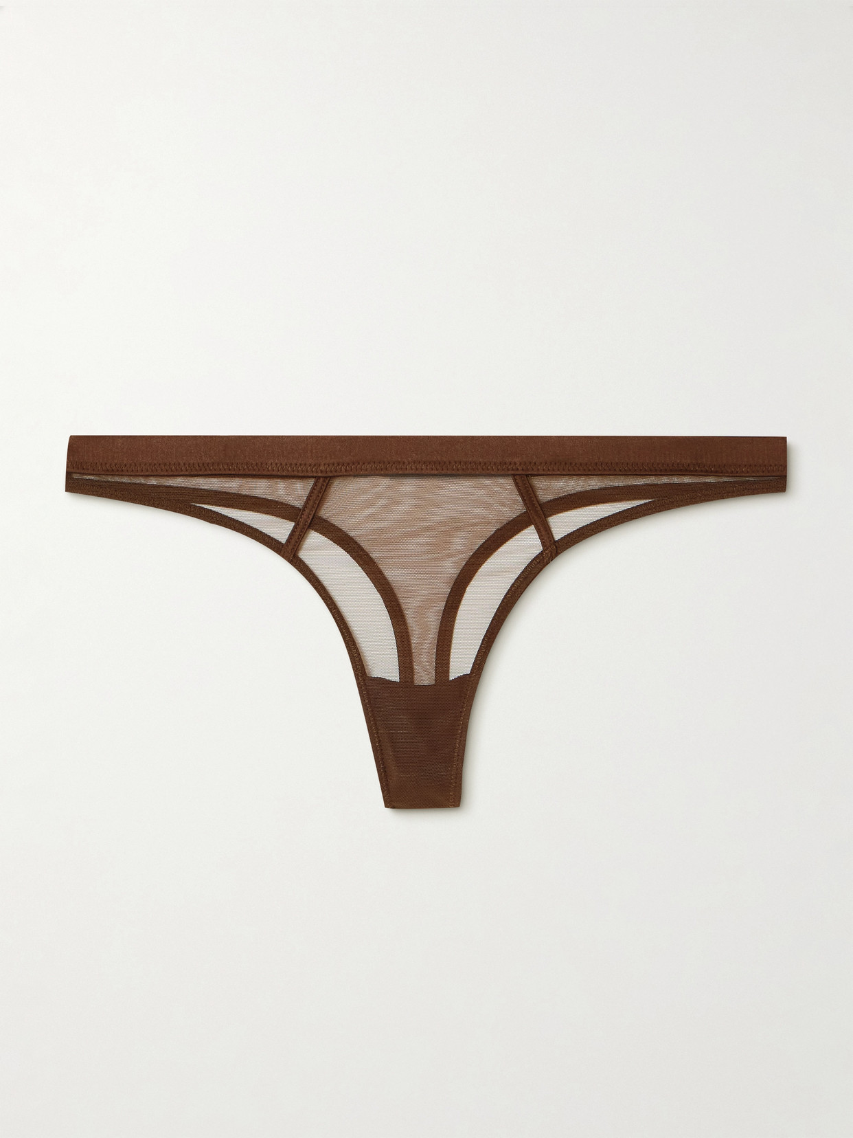 Kiki de Montparnasse - Illusion Silk-blend Satin-trimmed Tulle Thong - Chocolate