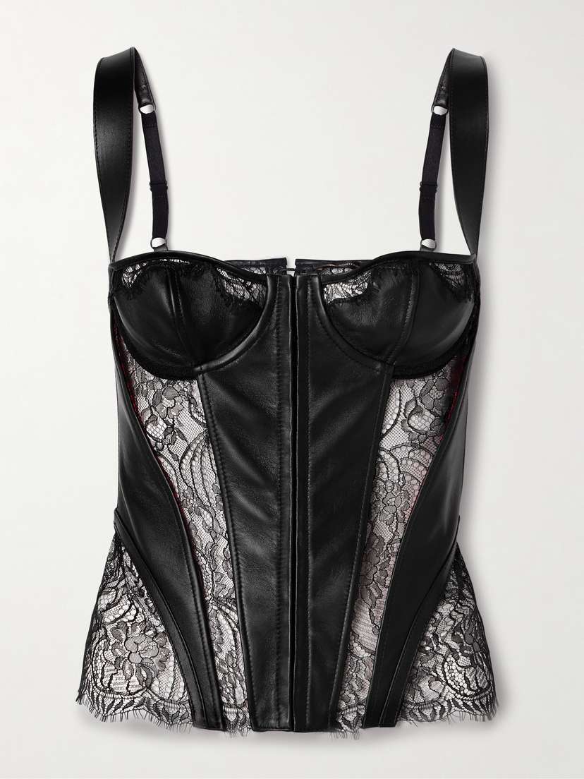 Kiki de Montparnasse Paneled Leather And Lace Bustier Top