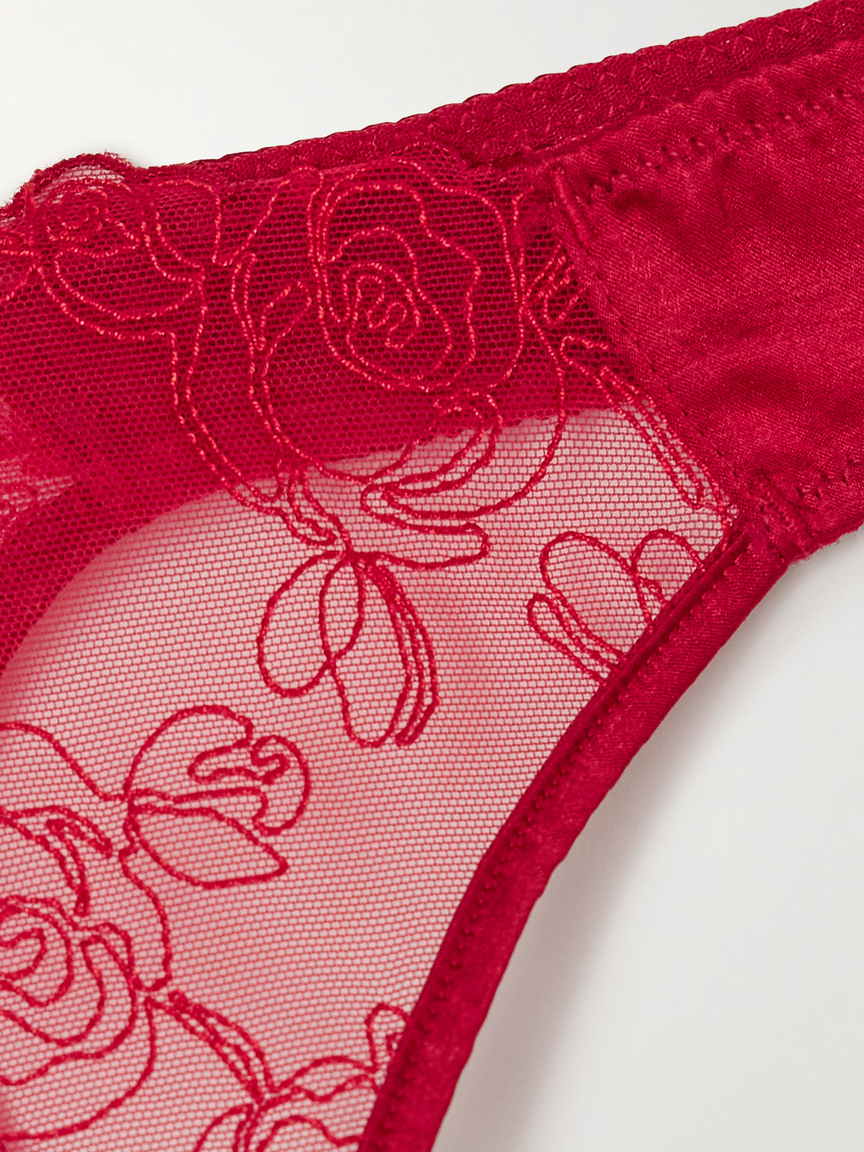 Kiki De Montparnasse La Rose Embroidered Tulle And Stretch-silk Charmeuse Thong In Red