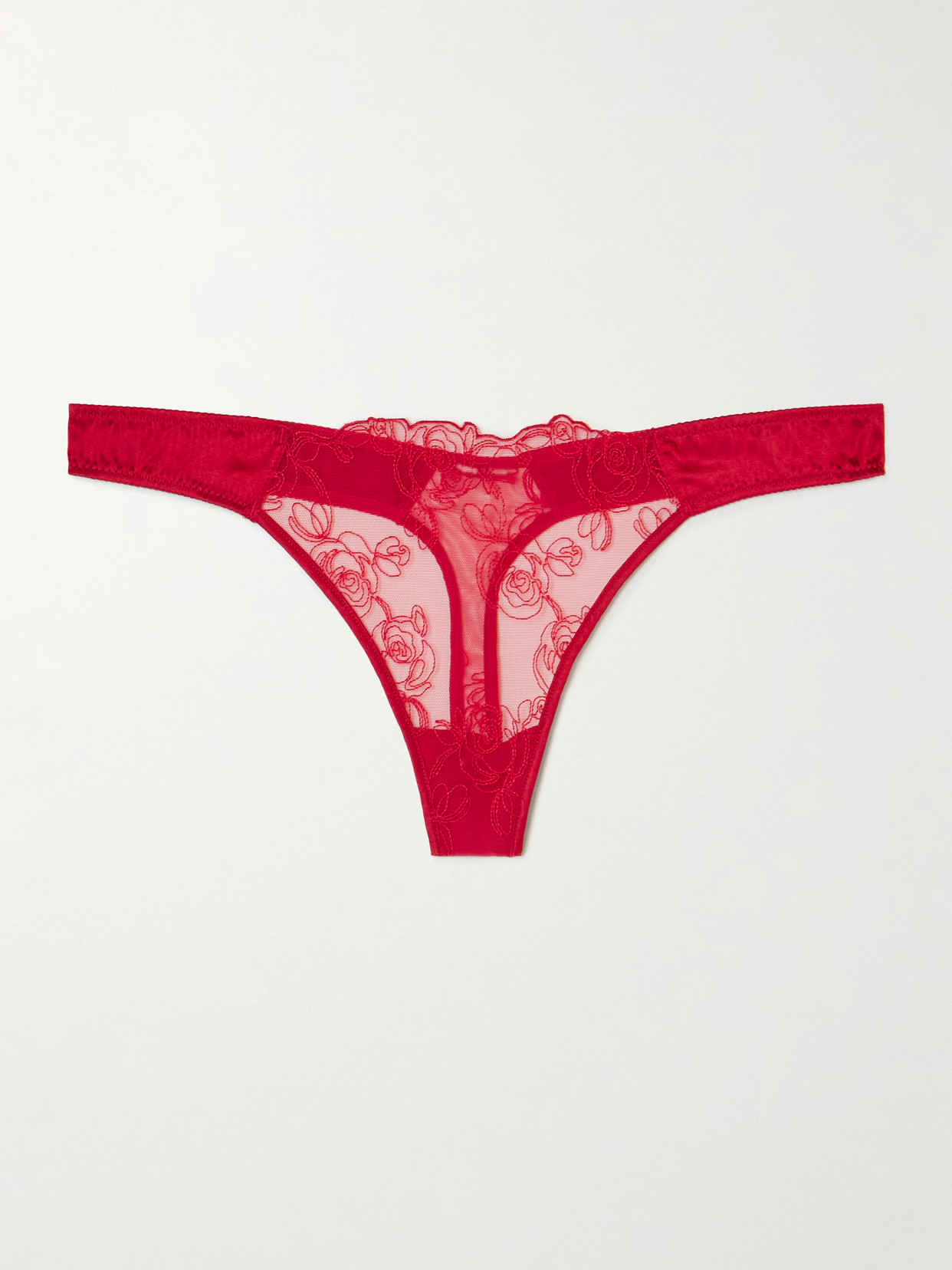 Kiki De Montparnasse La Rose Embroidered Tulle And Stretch-silk Charmeuse Thong In Red