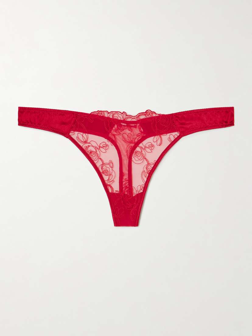 Kiki de Montparnasse La Rose Embroidered Tulle And Stretch-silk Charmeuse Thong