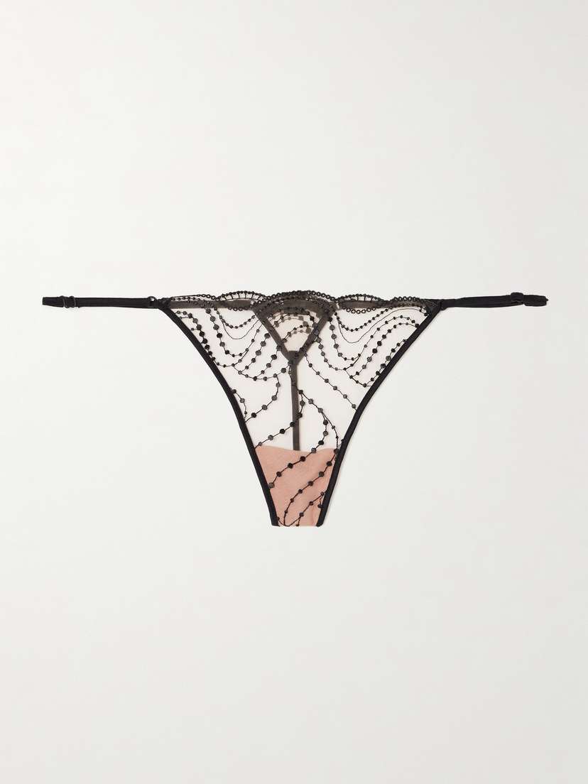 Kiki de Montparnasse Ondule Silk-blend Trimmed Embroidered Tulle Thong