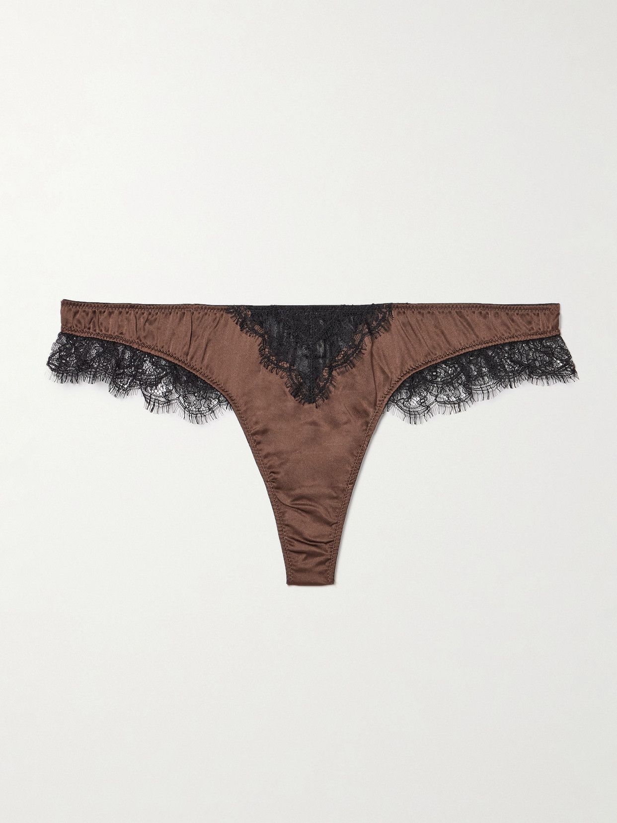 Kiki De Montparnasse Lace-trimmed Stretch-silk Thong In Brown