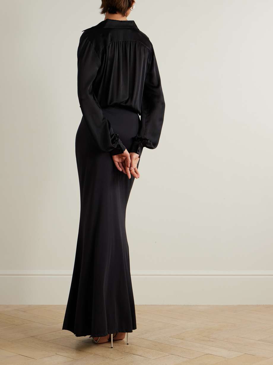 wrap-effect draped silk-satin and stretch-jersey maxi shirt dress