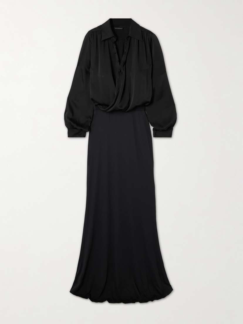 Kiki de Montparnasse Wrap-effect Draped Silk-satin And Stretch-jersey Maxi Shirt Dress