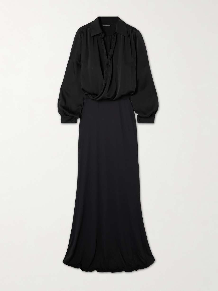 wrap-effect draped silk-satin and stretch-jersey maxi shirt dress