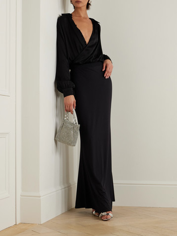 Kiki de Montparnasse Wrap-effect draped silk-satin and stretch-jersey maxi shirt dress