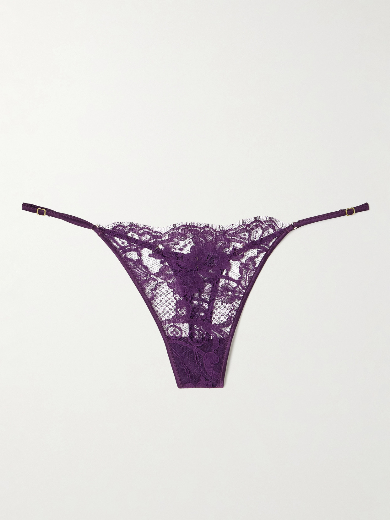 Kiki De Montparnasse Camille Stretch-silk Satin-trimmed Organic Cotton-lace Thong In Purple