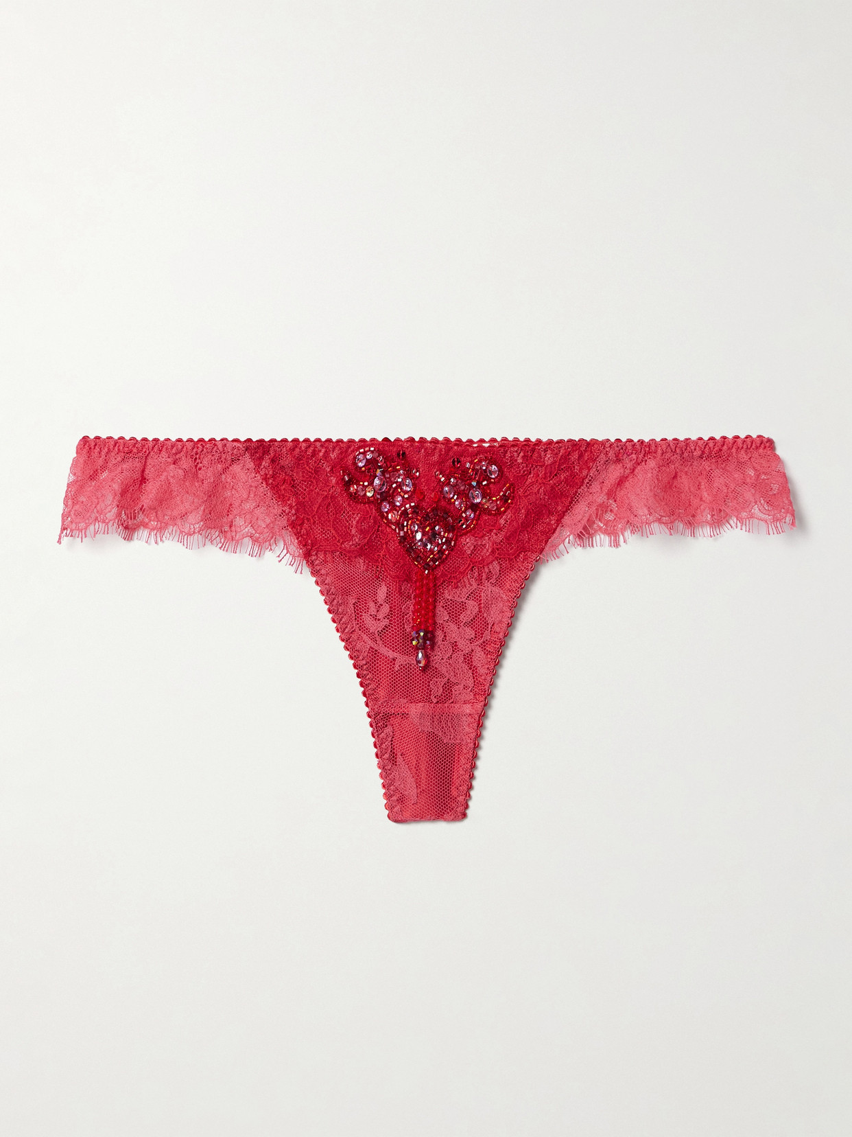 Agent Provocateur Graicelle Embellished Leavers Lace And Stretch-silk Satin Thong In Red