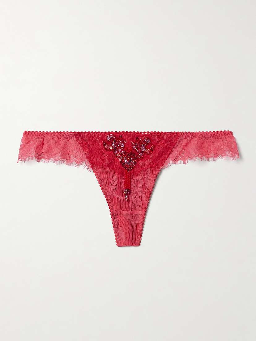Agent Provocateur Graicelle Embellished Leavers Lace And Stretch-silk Satin Thong