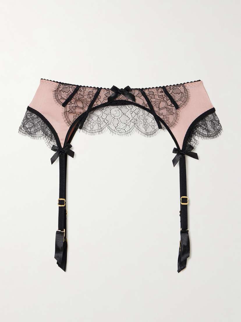 Agent Provocateur Sammi Bow-embellished Leavers Lace-trimmed Stretch Silk-satin Suspenders