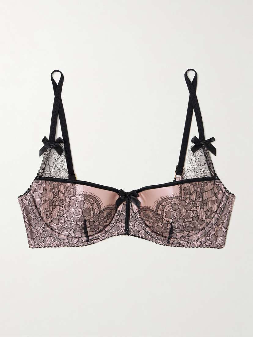 Agent Provocateur Sammi Bow-embellished Leavers Lace-trimmed Stretch Silk-satin Underwired Balconette Bra