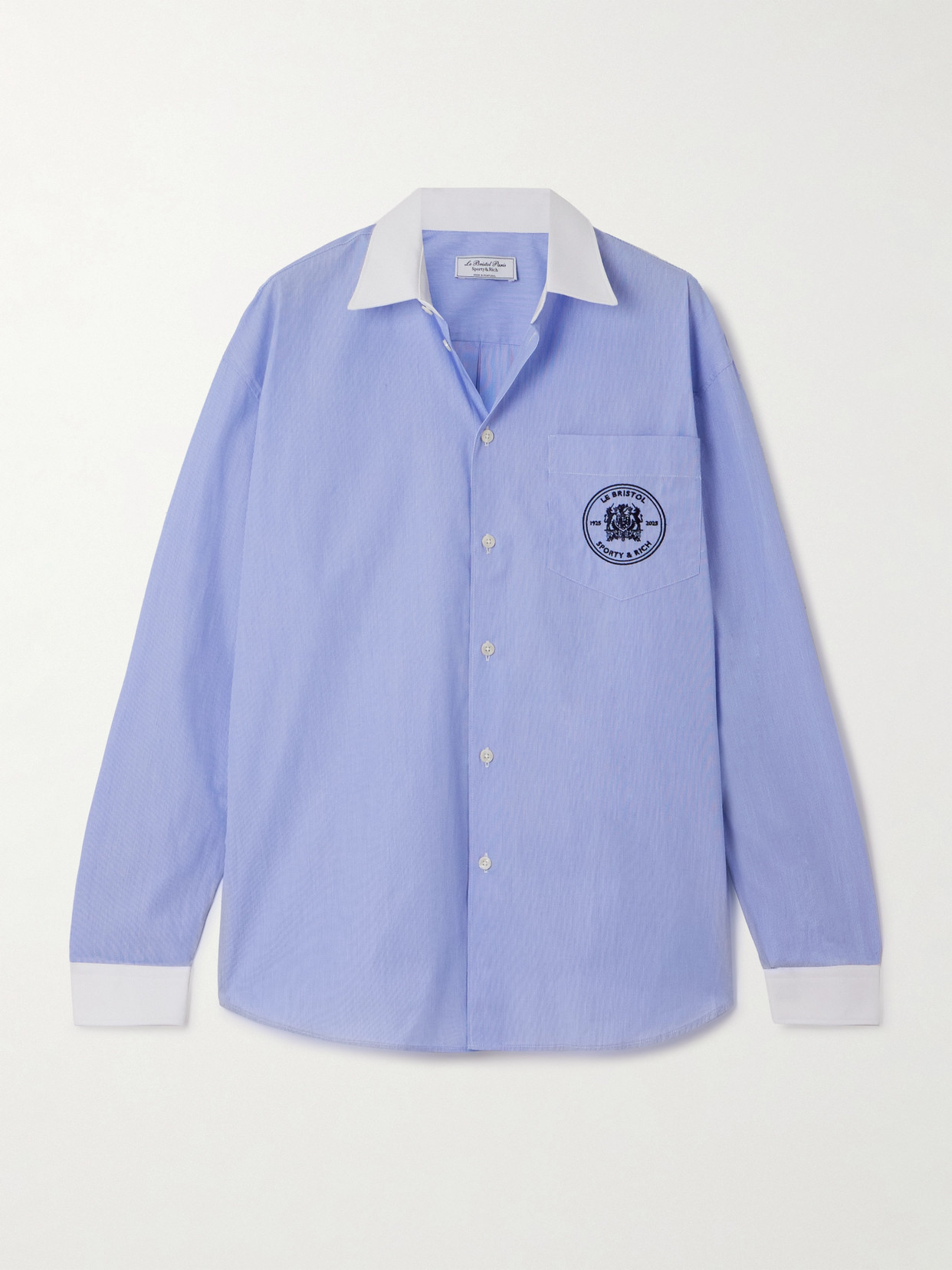 Sporty & Rich - + Le Bristol Paris Crest Oversized Embroidered Cotton-poplin Shirt - Blue