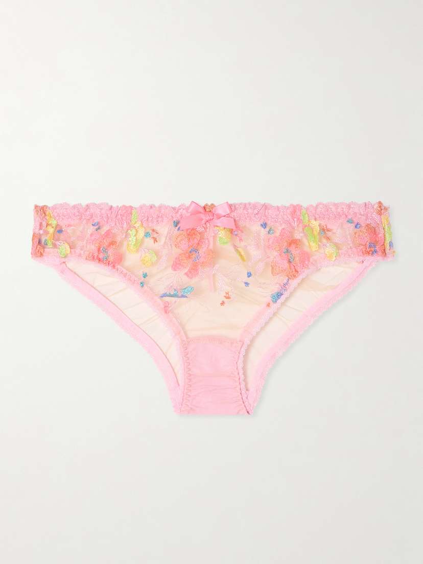 Agent Provocateur Rixie Bow-detailed Lace-trimmed Embroidered Tulle Briefs