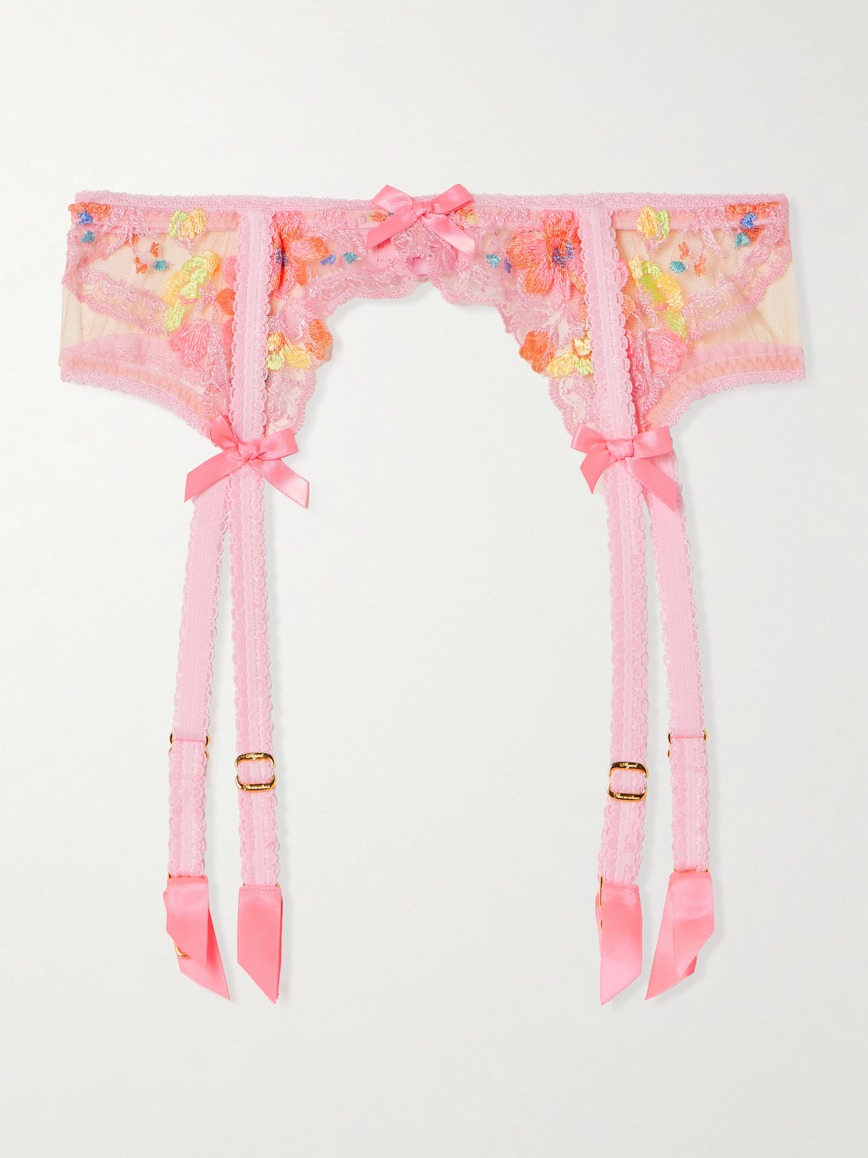 Agent Provocateur Rixie Bow-detailed Lace-trimmed Embroidered Tulle Suspender Belt In Pink