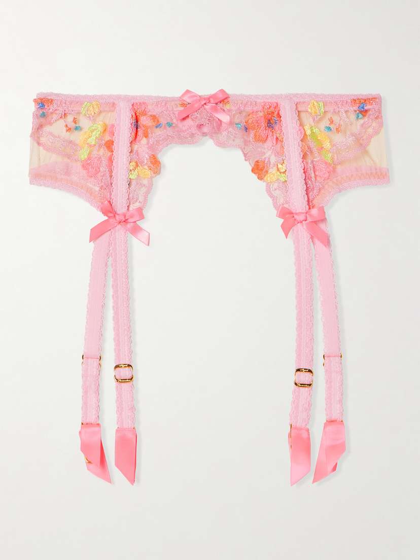 Agent Provocateur Rixie Bow-detailed Lace-trimmed Embroidered Tulle Suspender Belt