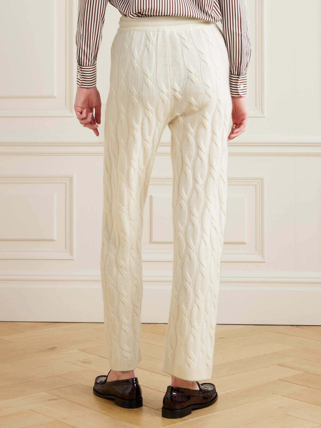 Sporty And Rich + Le Bristol Paris Faubourg Cable-knit Cashmere And Wool-blend Track Pants In Cream