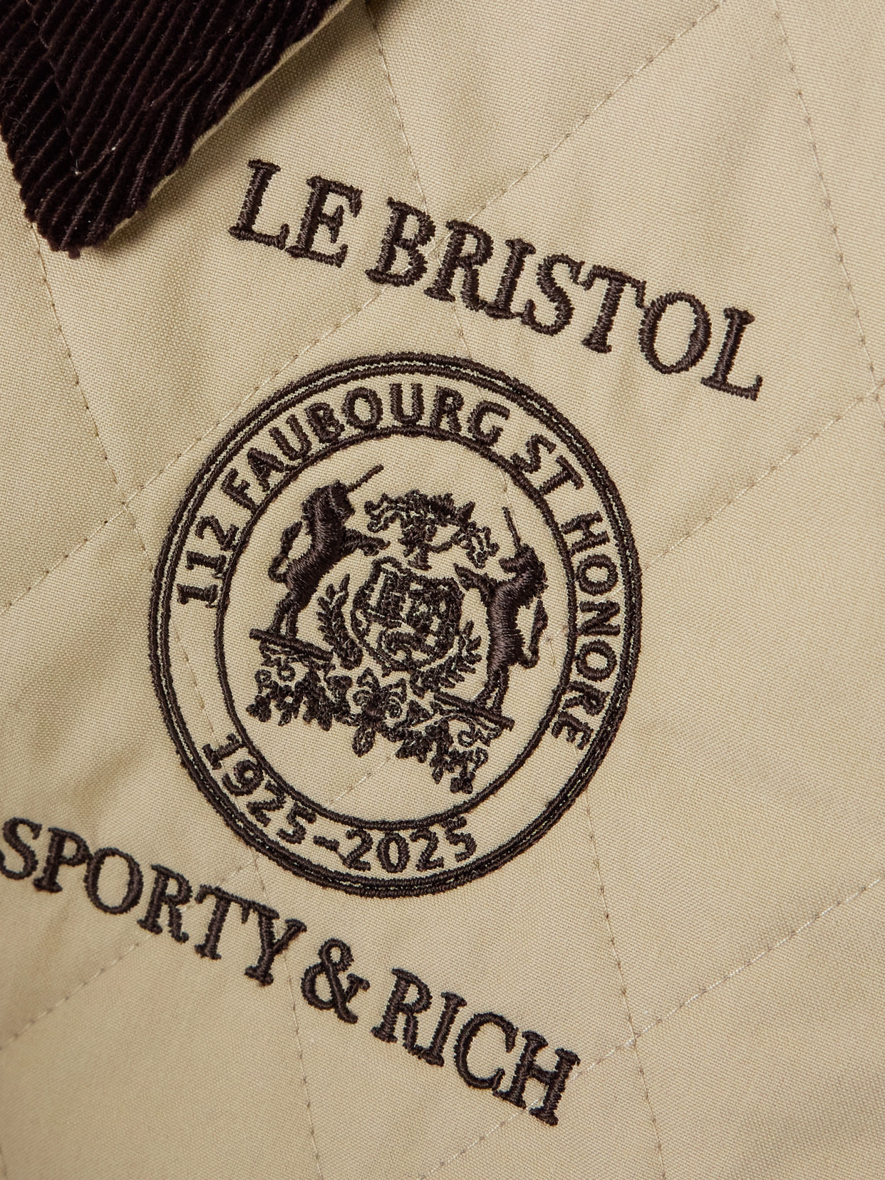 Sporty And Rich + Le Bristol Paris Crest Seal Corduroy-trimmed Embroidered Quilted Cotton-canvas Jacket In Neutrals