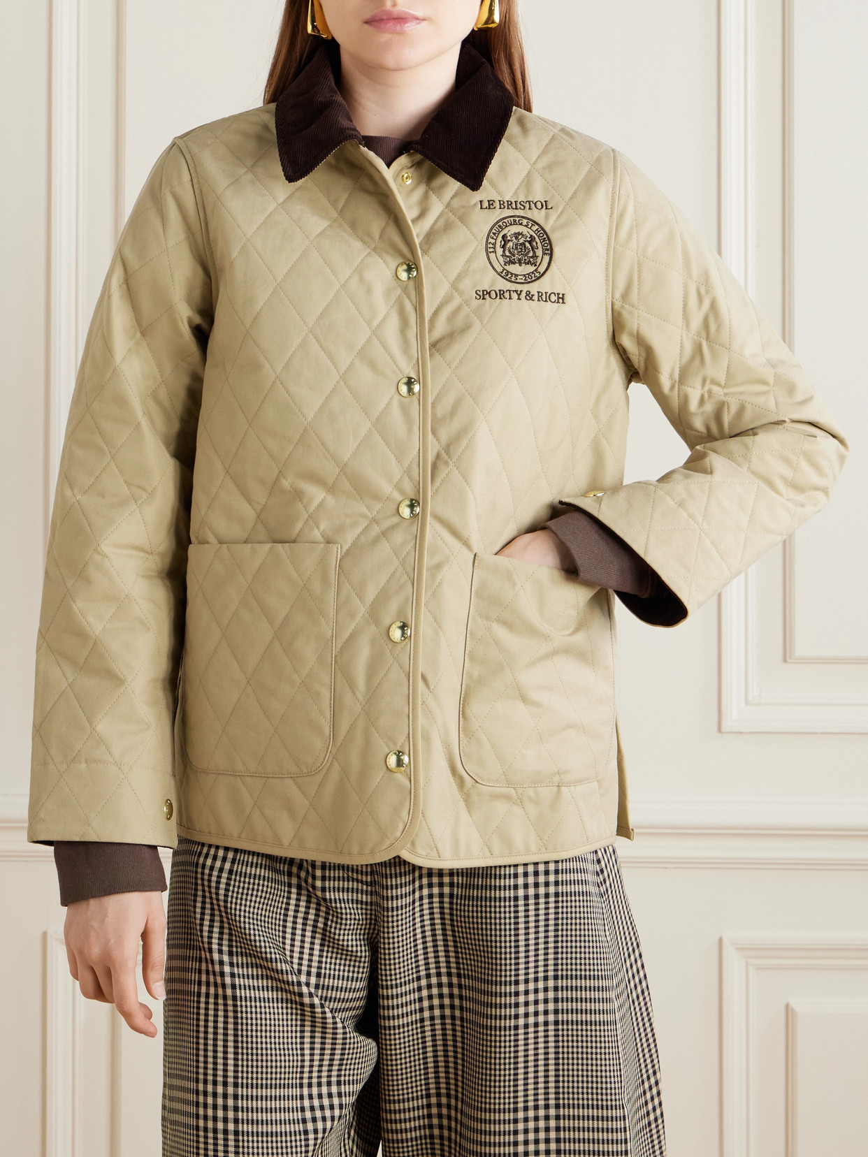 Sporty And Rich + Le Bristol Paris Crest Seal Corduroy-trimmed Embroidered Quilted Cotton-canvas Jacket In Neutrals