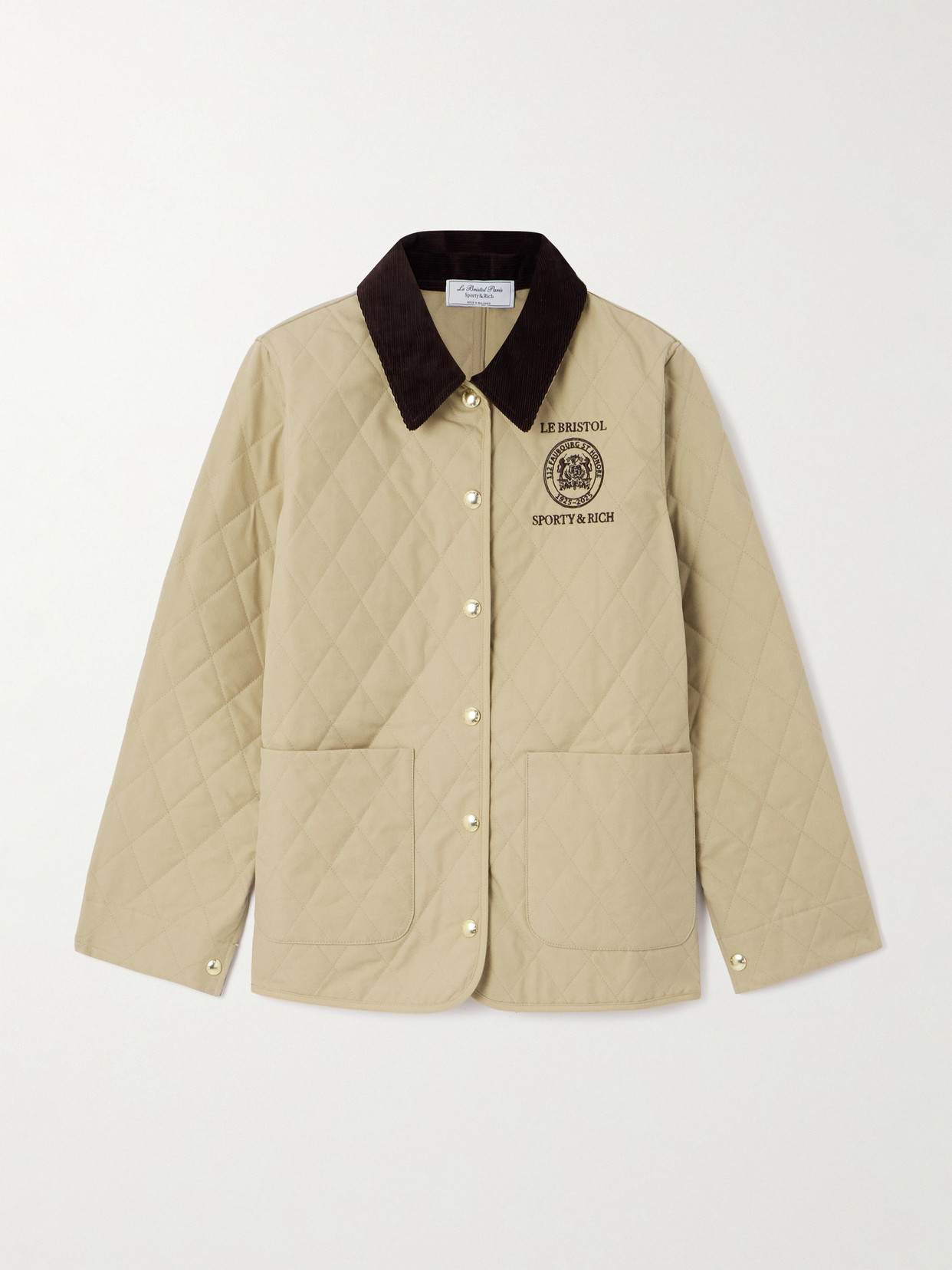 Sporty And Rich + Le Bristol Paris Crest Seal Corduroy-trimmed Embroidered Quilted Cotton-canvas Jacket In Neutrals