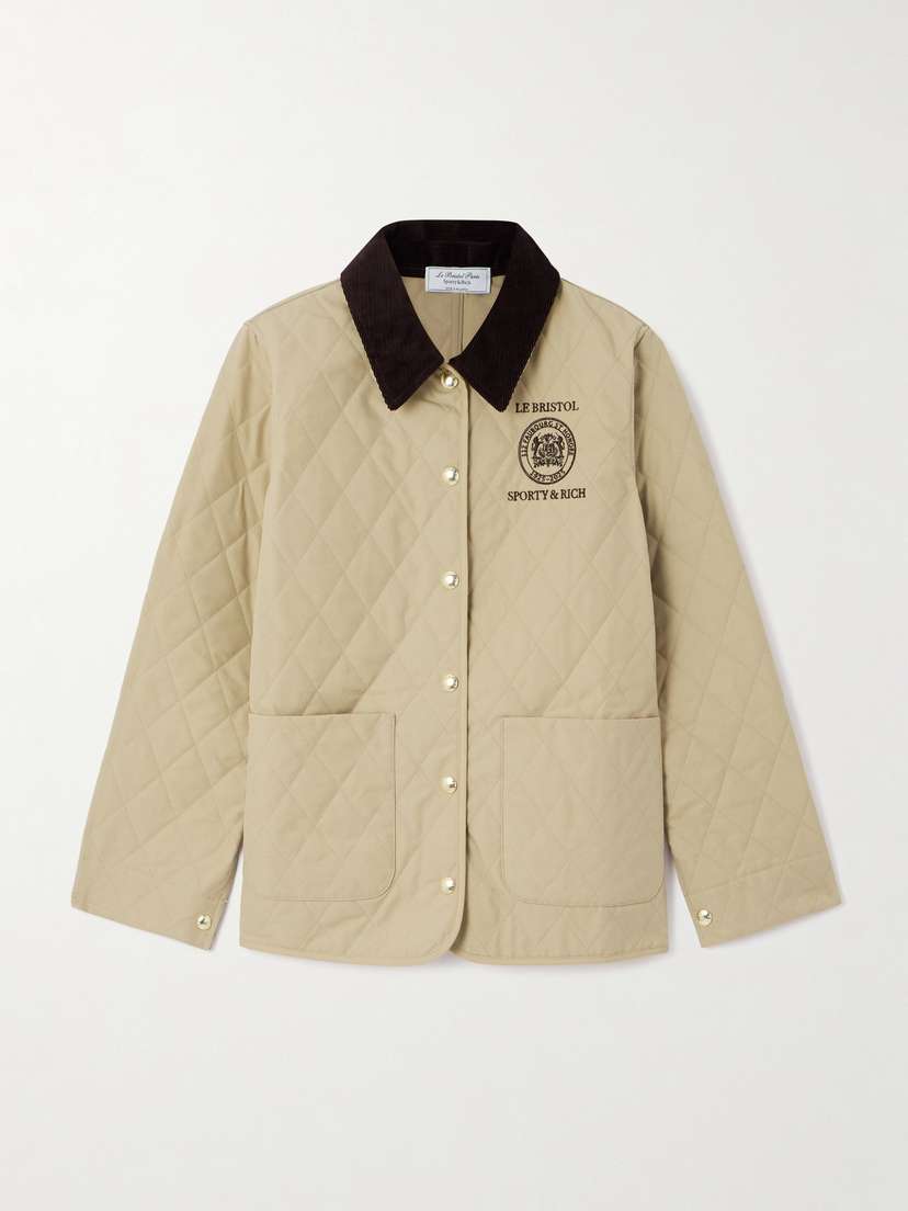 Sporty & Rich + Le Bristol Paris Crest Seal Corduroy-trimmed Embroidered Quilted Cotton-canvas Jacket