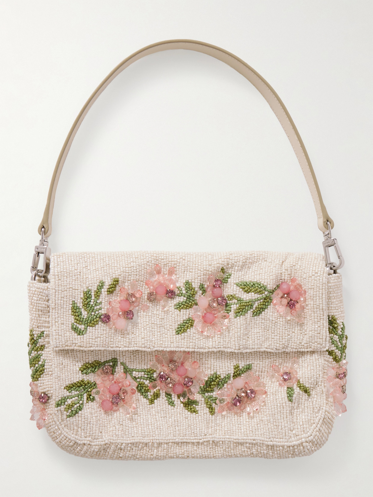 Staud Timmy Leather-trimmed Beaded Satin Shoulder Bag In Off-white