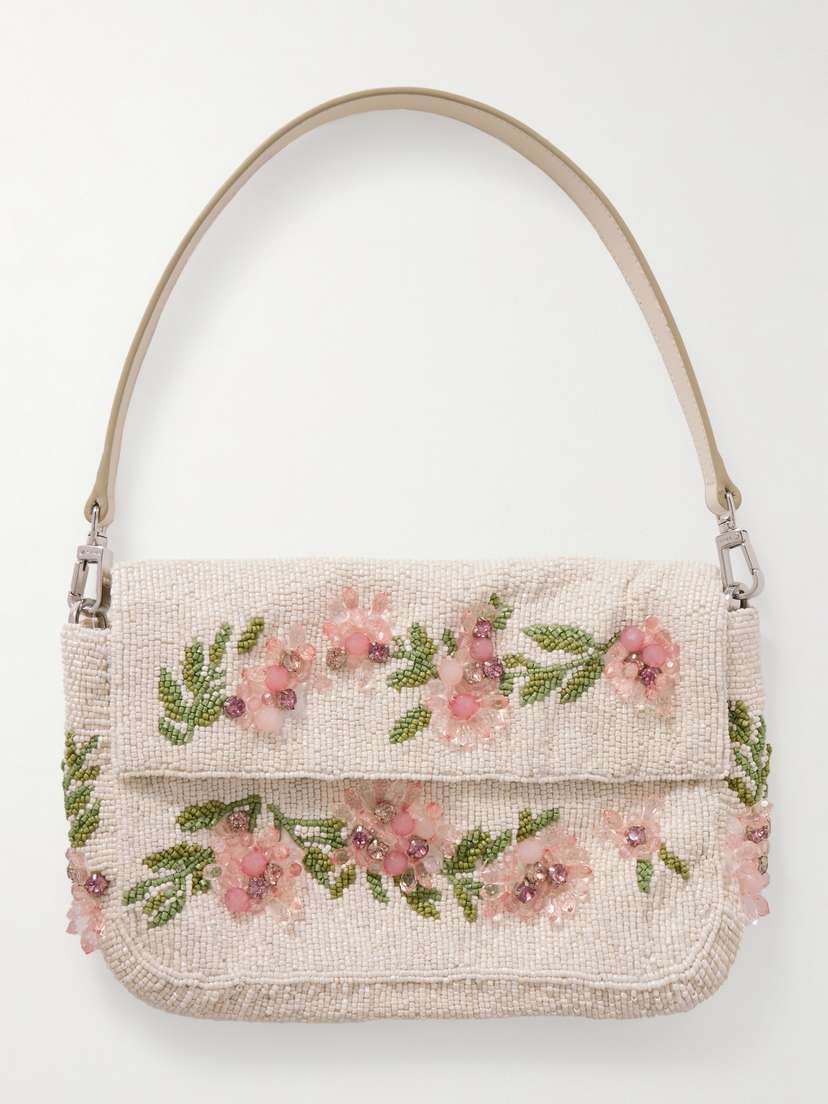 Staud Timmy Leather-trimmed Beaded Satin Shoulder Bag