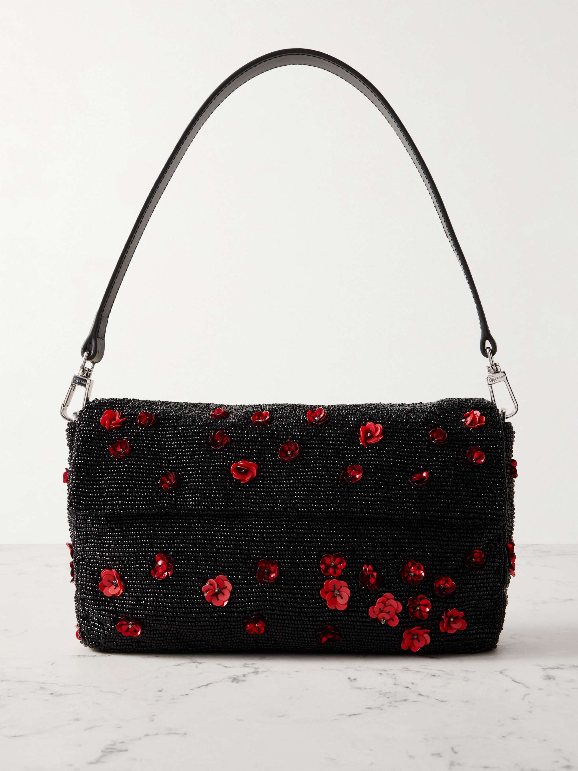 STAUD Timmy leather-trimmed embellished satin shoulder bag