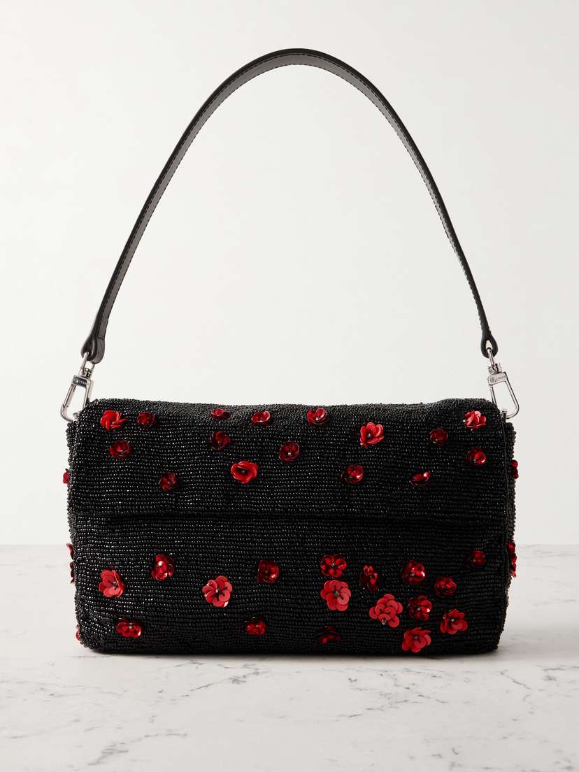 Staud Timmy Leather-trimmed Embellished Satin Shoulder Bag