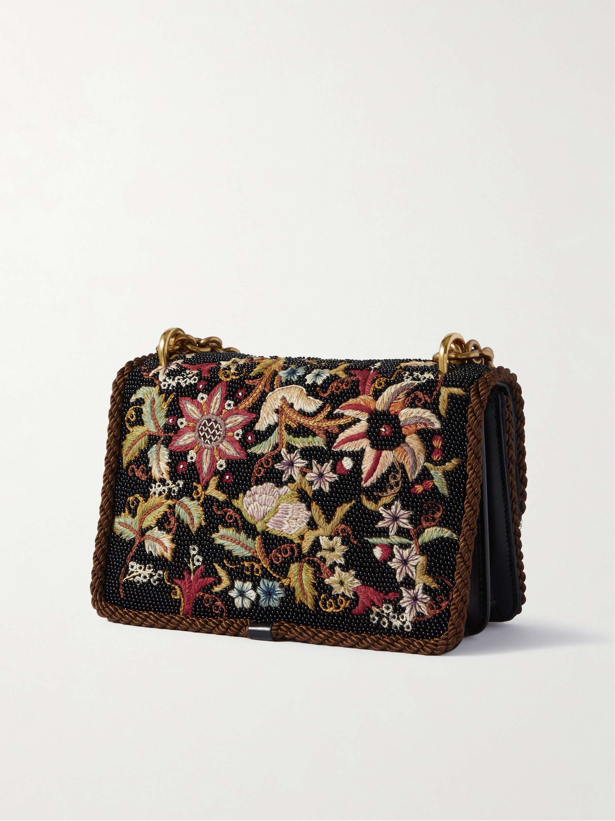 Vain embroidered beaded cord-trimmed leather shoulder bag - black - One Size