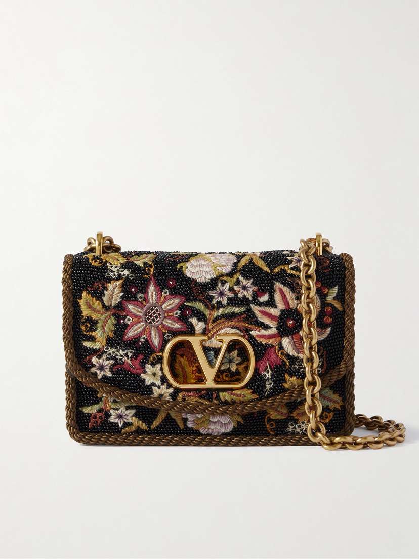 Valentino Garavani Vain Embroidered Beaded Cord-trimmed Leather Shoulder Bag