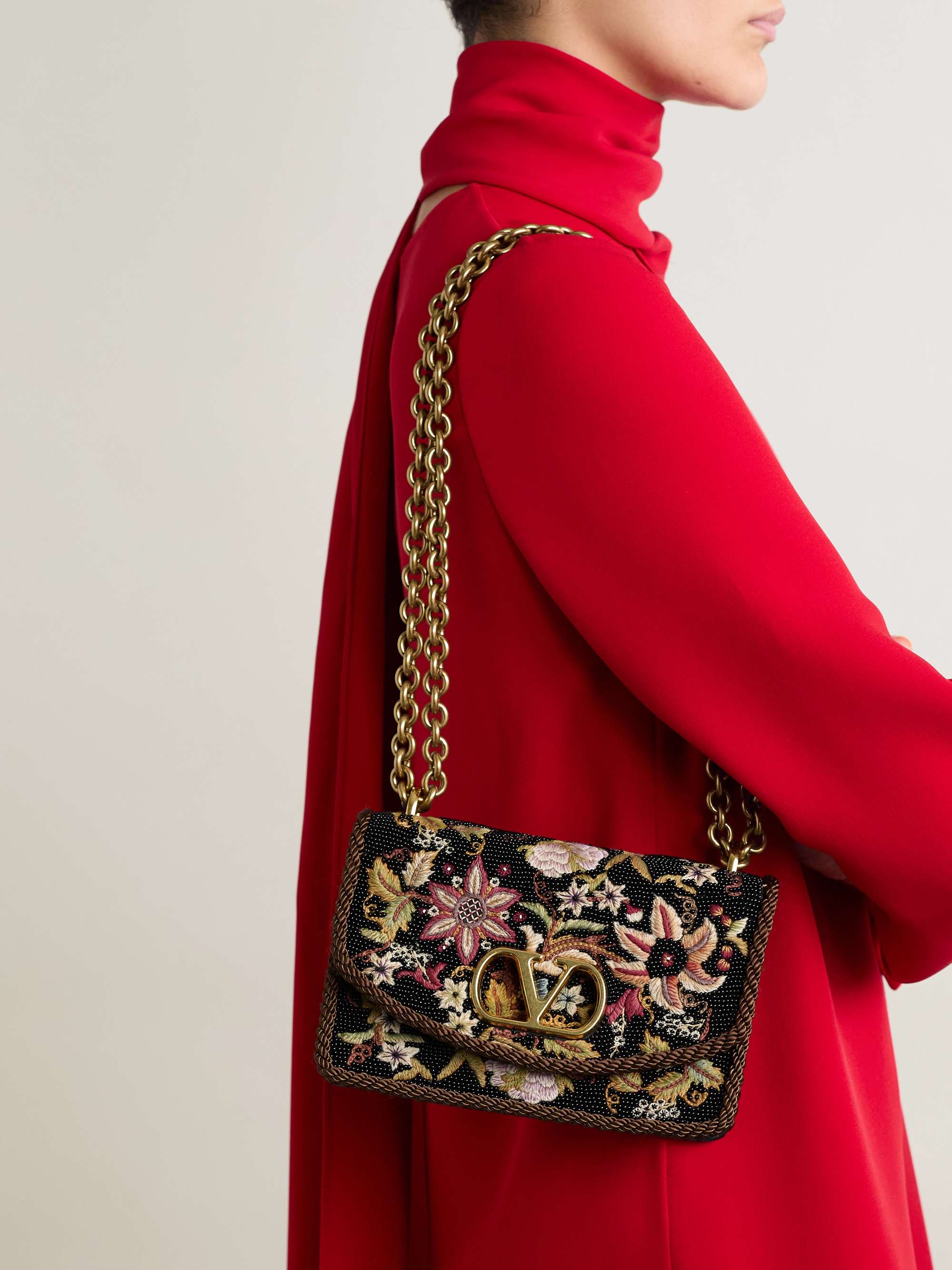 Vain embroidered beaded cord-trimmed leather shoulder bag - black - One Size