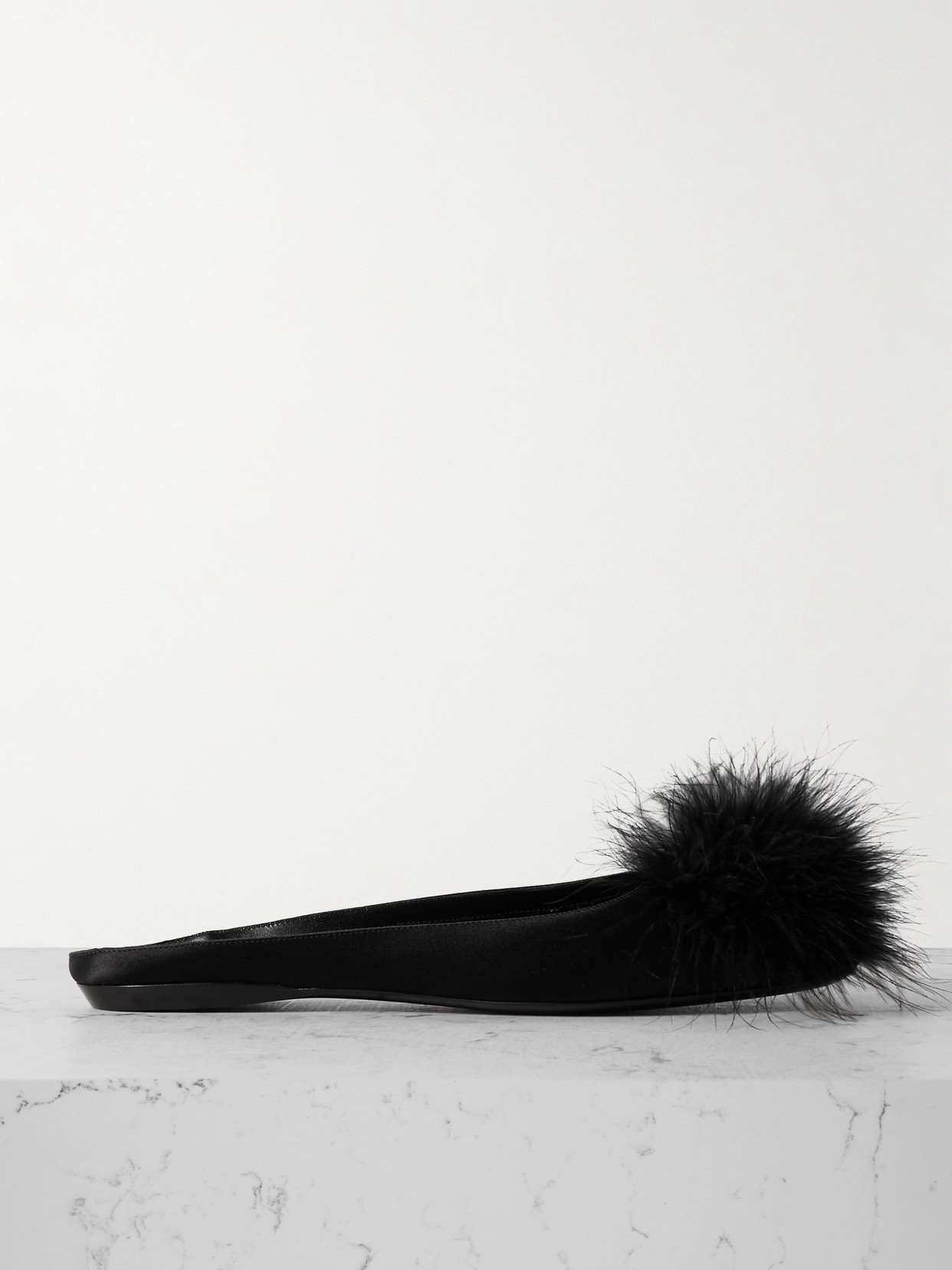 SAINT LAURENT - Feather-trimmed Satin Slippers - Black