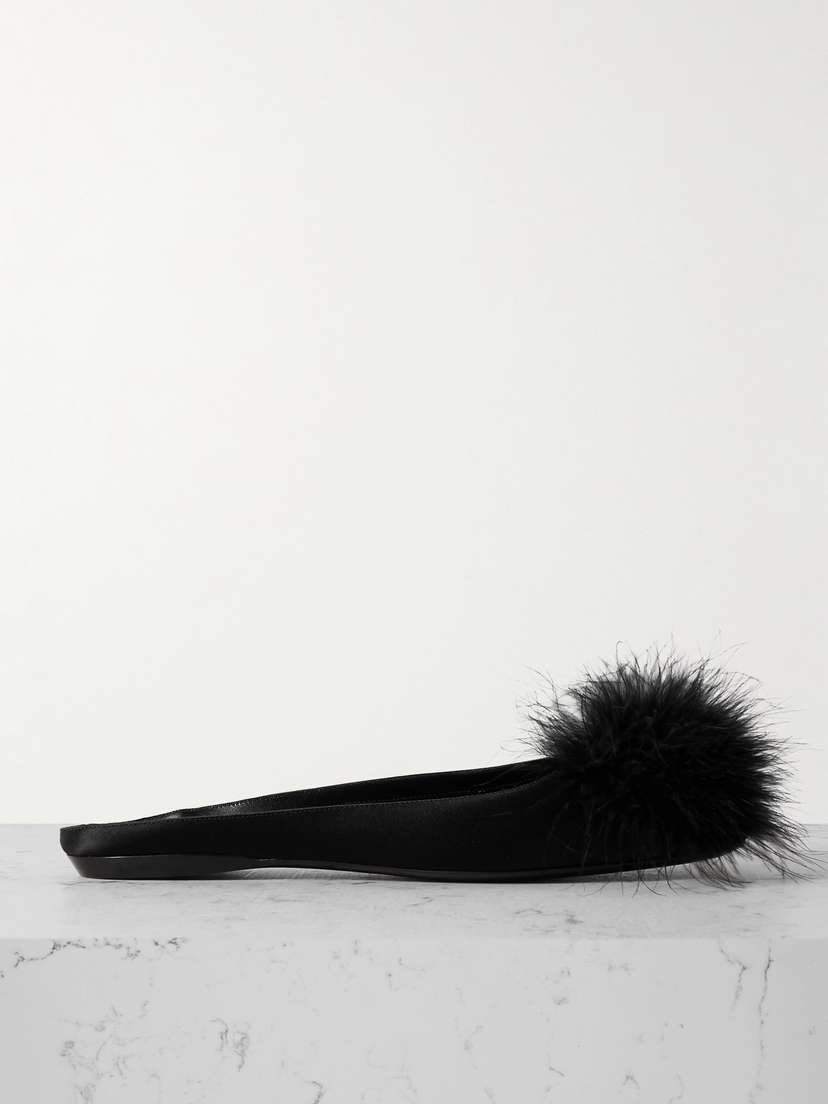 Saint Laurent Lido Feather-trimmed Satin Slippers