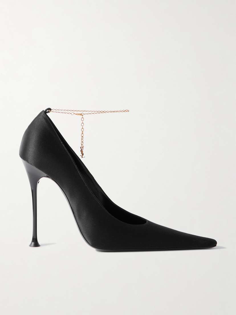 Saint Laurent Régine Chain-embellished Satin Point-toe Pumps