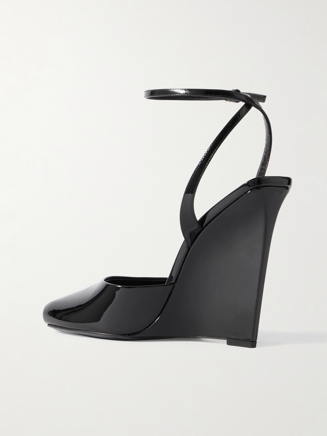 SAINT LAURENT LA SCANDALE PATENT-LEATHER WEDGE SANDALS