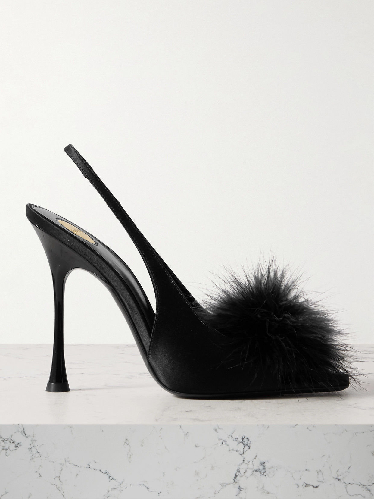 SAINT LAURENT - Paradis Feather-trimmed Satin Slingback Sandals - Black