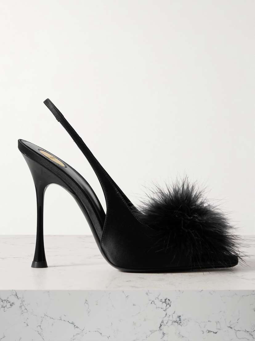 Saint Laurent Paradis Feather-trimmed Satin Slingback Sandals