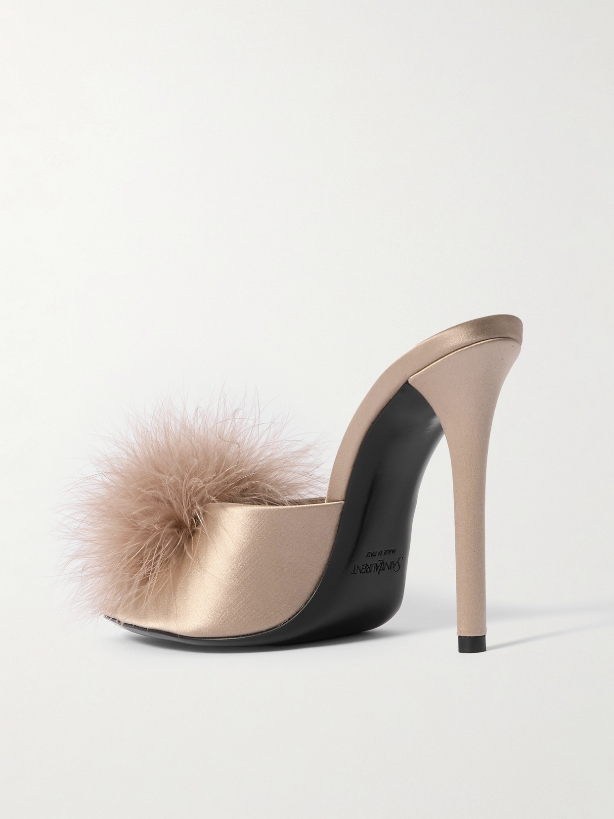 Saint Laurent Goldie Feather-trimmed Satin Mules In Pink