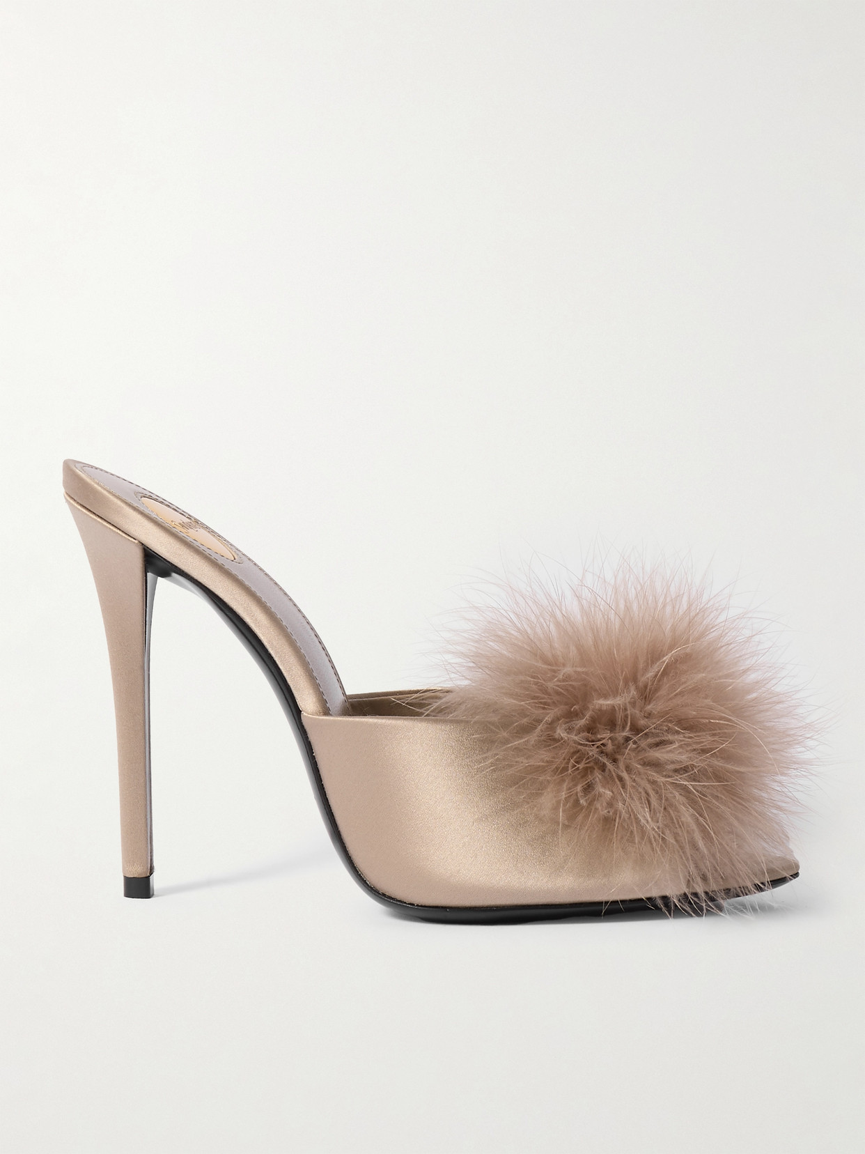 Saint Laurent Goldie Feather-trimmed Satin Mules In Pink