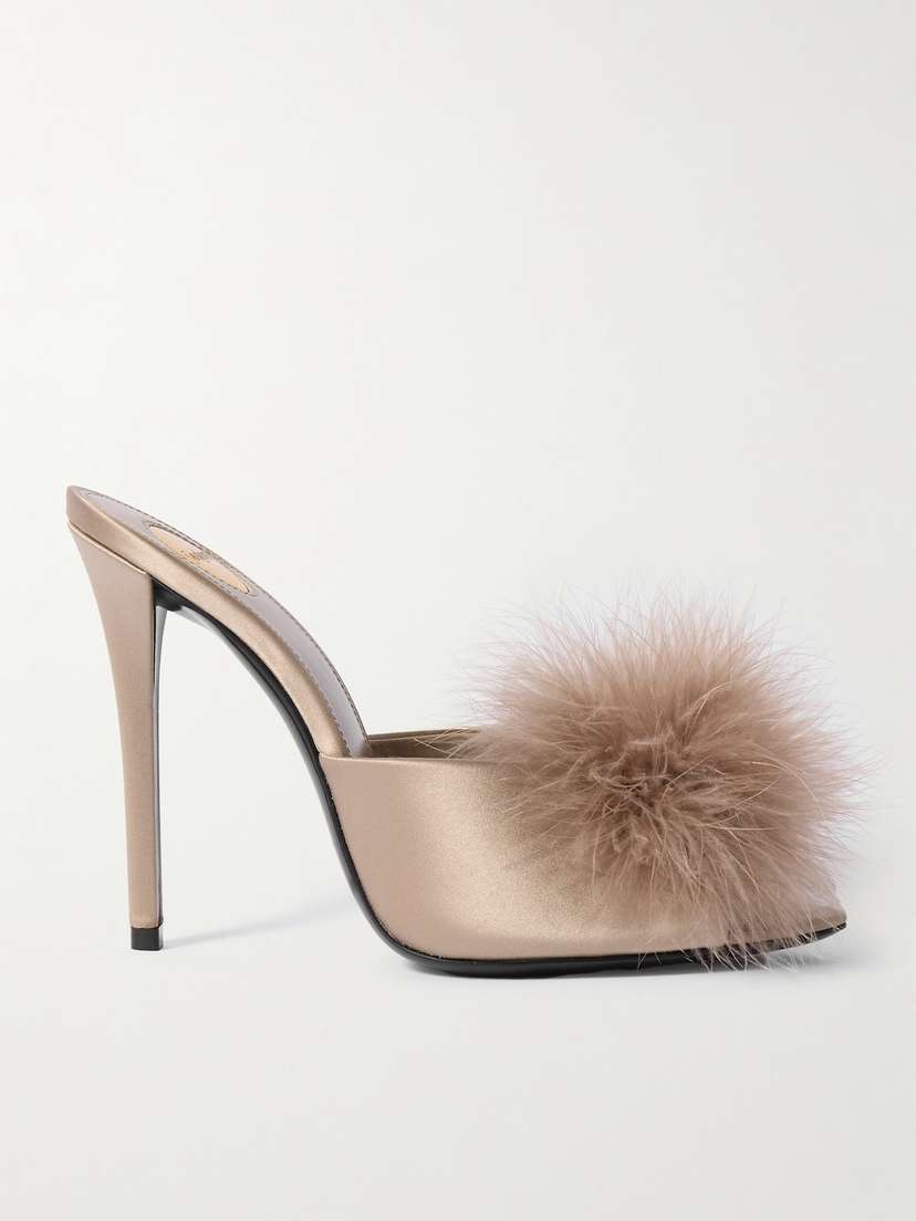 Saint Laurent Goldie Feather-trimmed Satin Mules