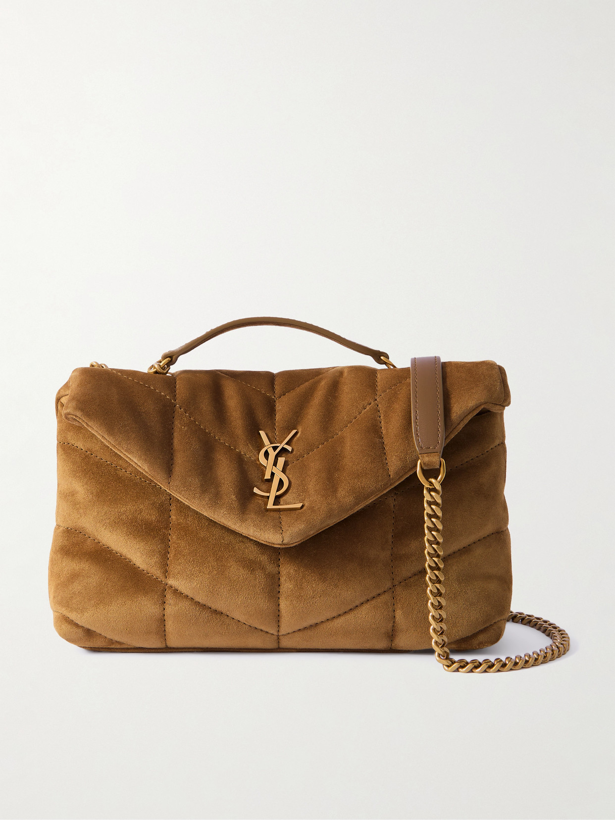 Saint Laurent Puffer Toy Quilted Leather-trimmed Suede Shoulder Bag In Green