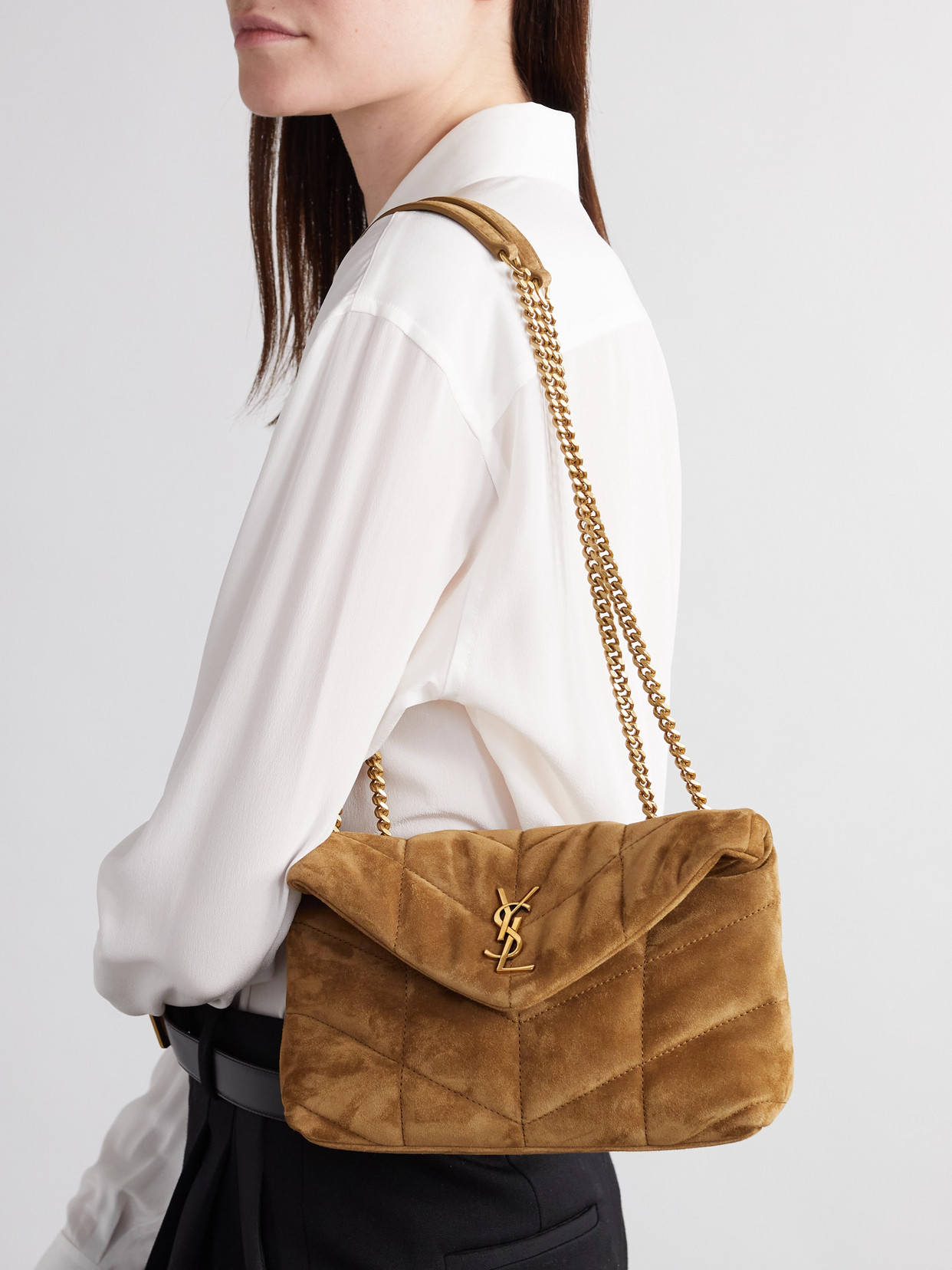 Saint Laurent Puffer Toy Quilted Leather-trimmed Suede Shoulder Bag In Green