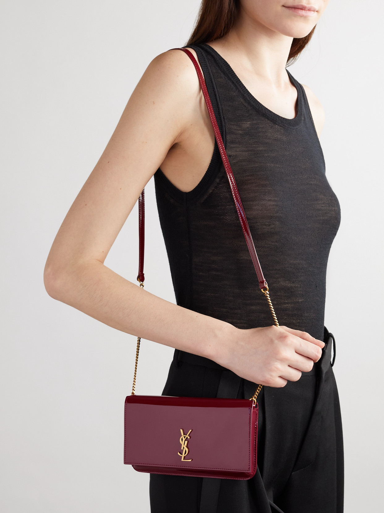Saint Laurent Cassandre Strap Patent-leather Phone Case In Burgundy