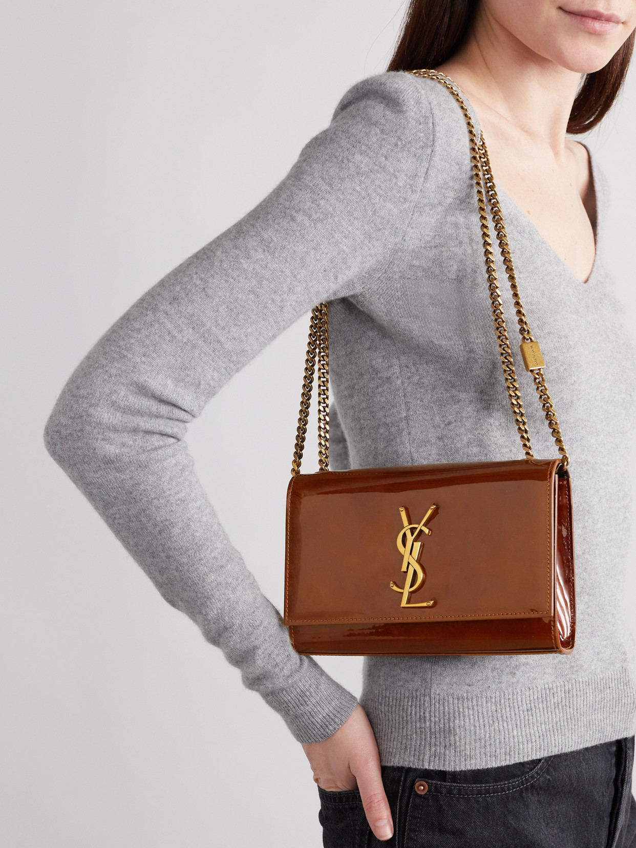 Saint Laurent Kate Small Patent-leather Shoulder Bag In Brown