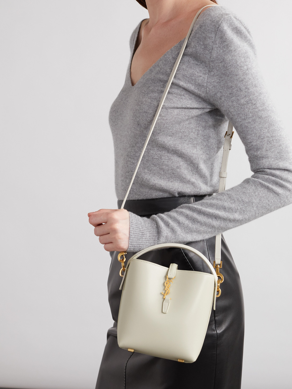Saint Laurent Le 37 Mini Leather Bucket Bag In White