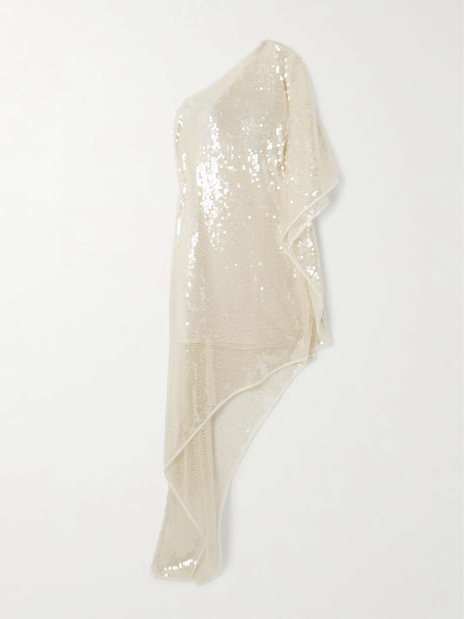one-shoulder asymmetric sequined mesh dress