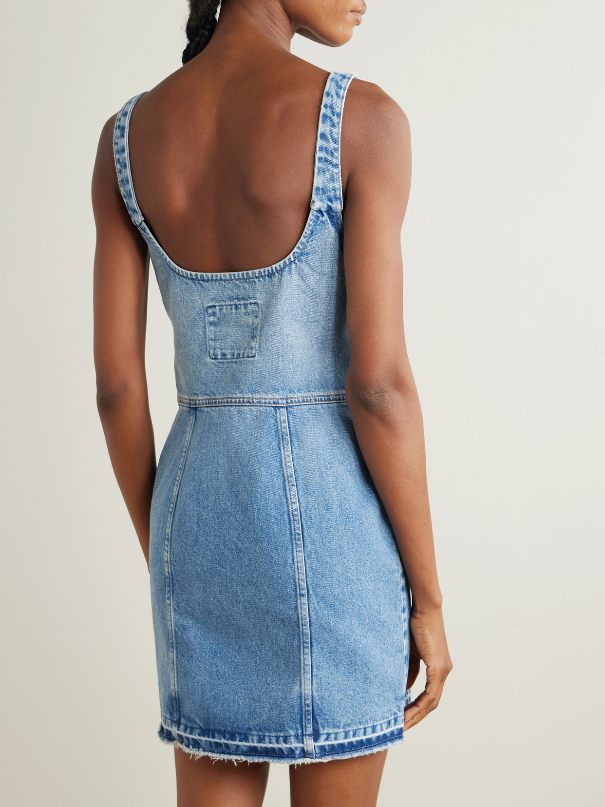STELLA MCCARTNEY FRAYED PANELED ORGANIC DENIM MINI DRESS